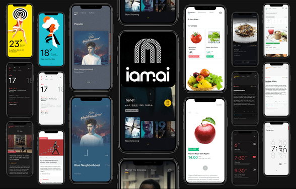 A grid of iam.ai app screens covering weather, media, groceries, dining, and reminders.
