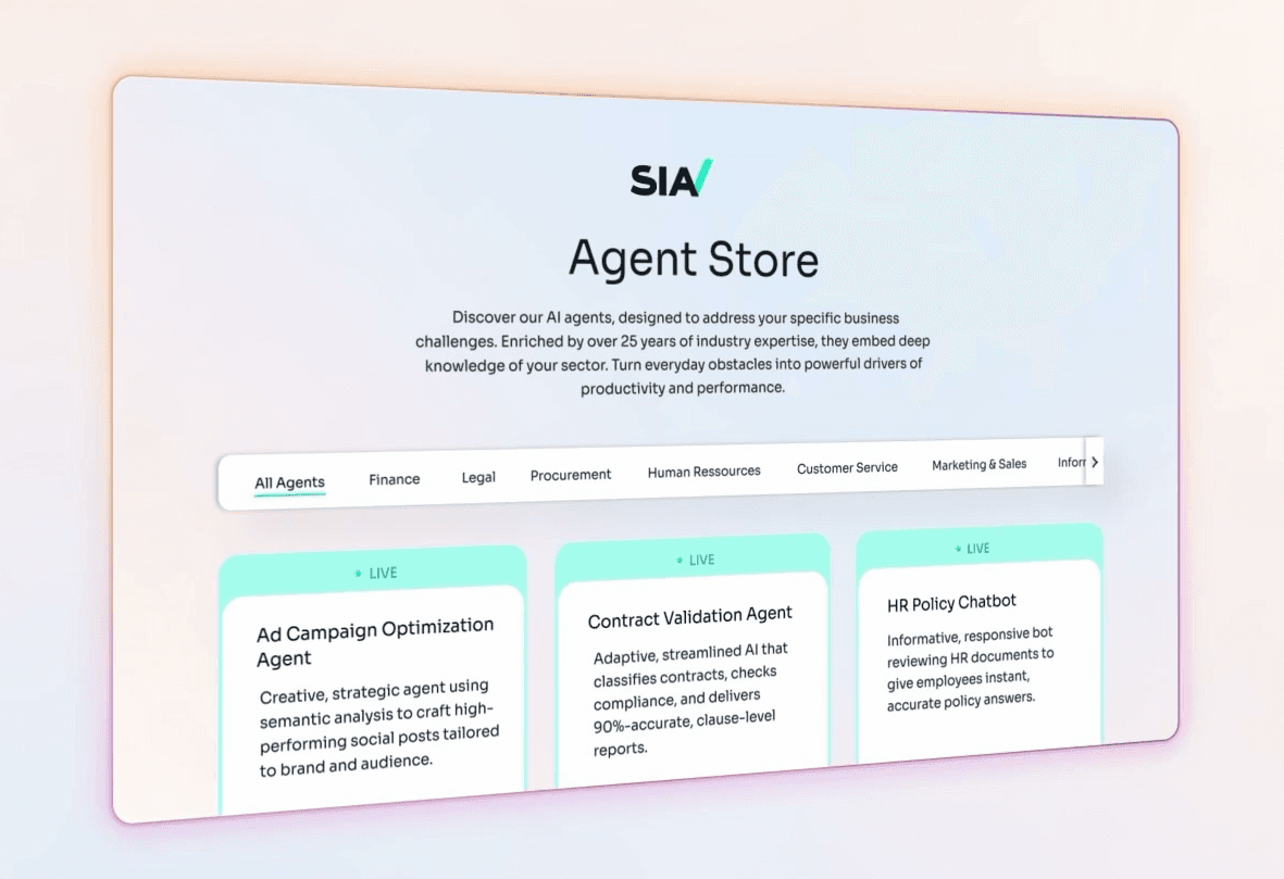 The Sia Agent Store listing live AI agents for finance, legal, procurement, and human resources.