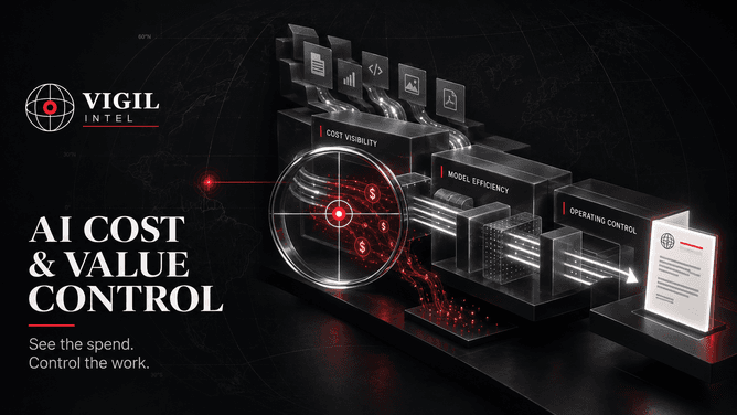The Vigil Intel dashboard showing a country risk score, a risk-dimension breakdown, and an AI risk assessment.